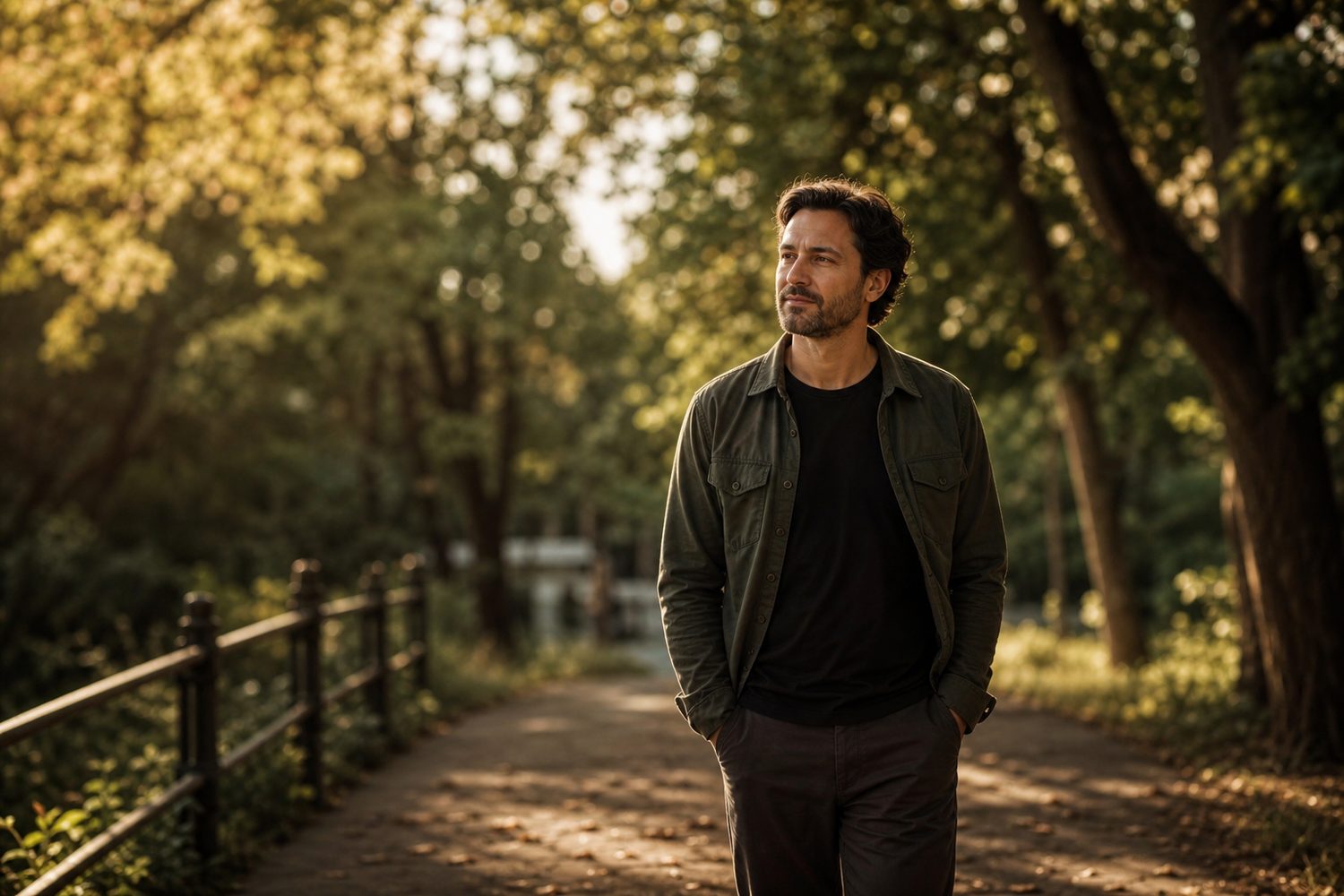 A man walking alone along a quiet tree lined path in soft afternoon light, unhurried and relaxed, his mind clearing during a break.