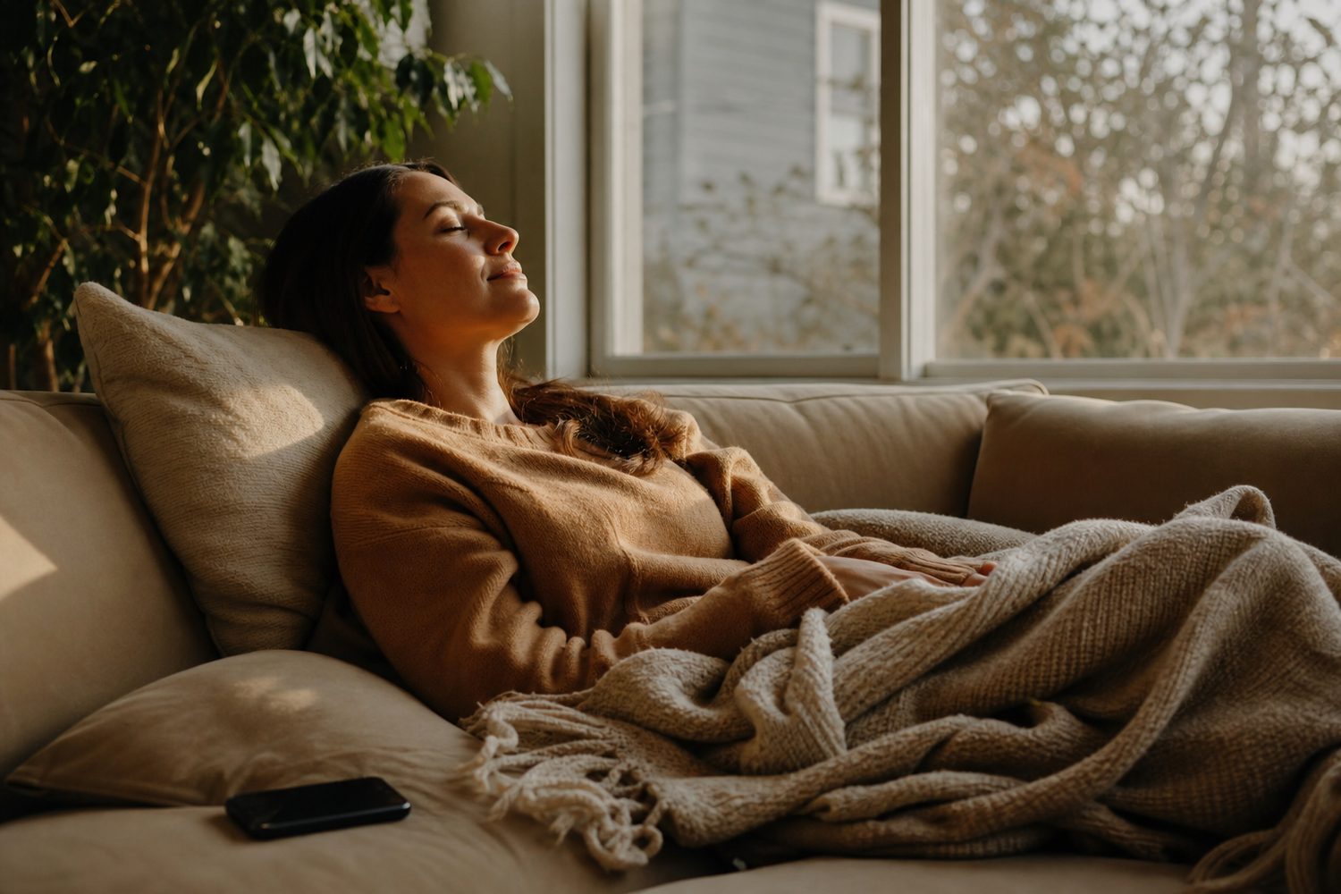 A person resting on a sofa by a window in soft afternoon light, phone down, eyes closed, a blanket nearby, calm and unhurried, warm neutral tones.