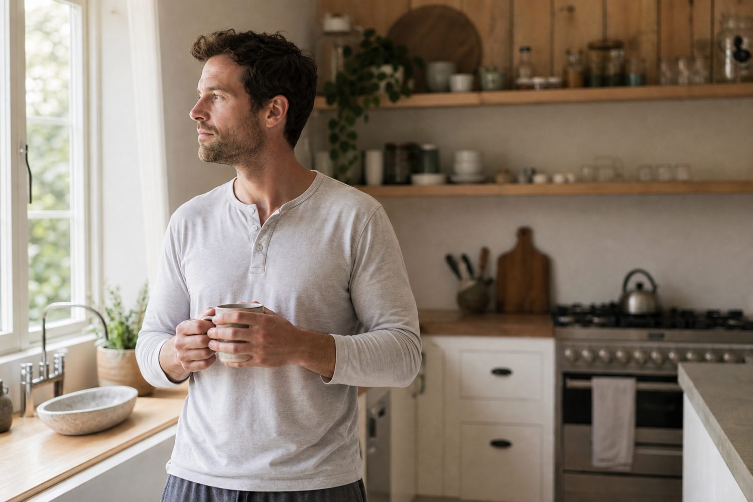 A person standing in a tidy kitchen in soft morning light, holding a mug, looking out of the window rather than at the chores, calm and thoughtful, warm neutral tones.