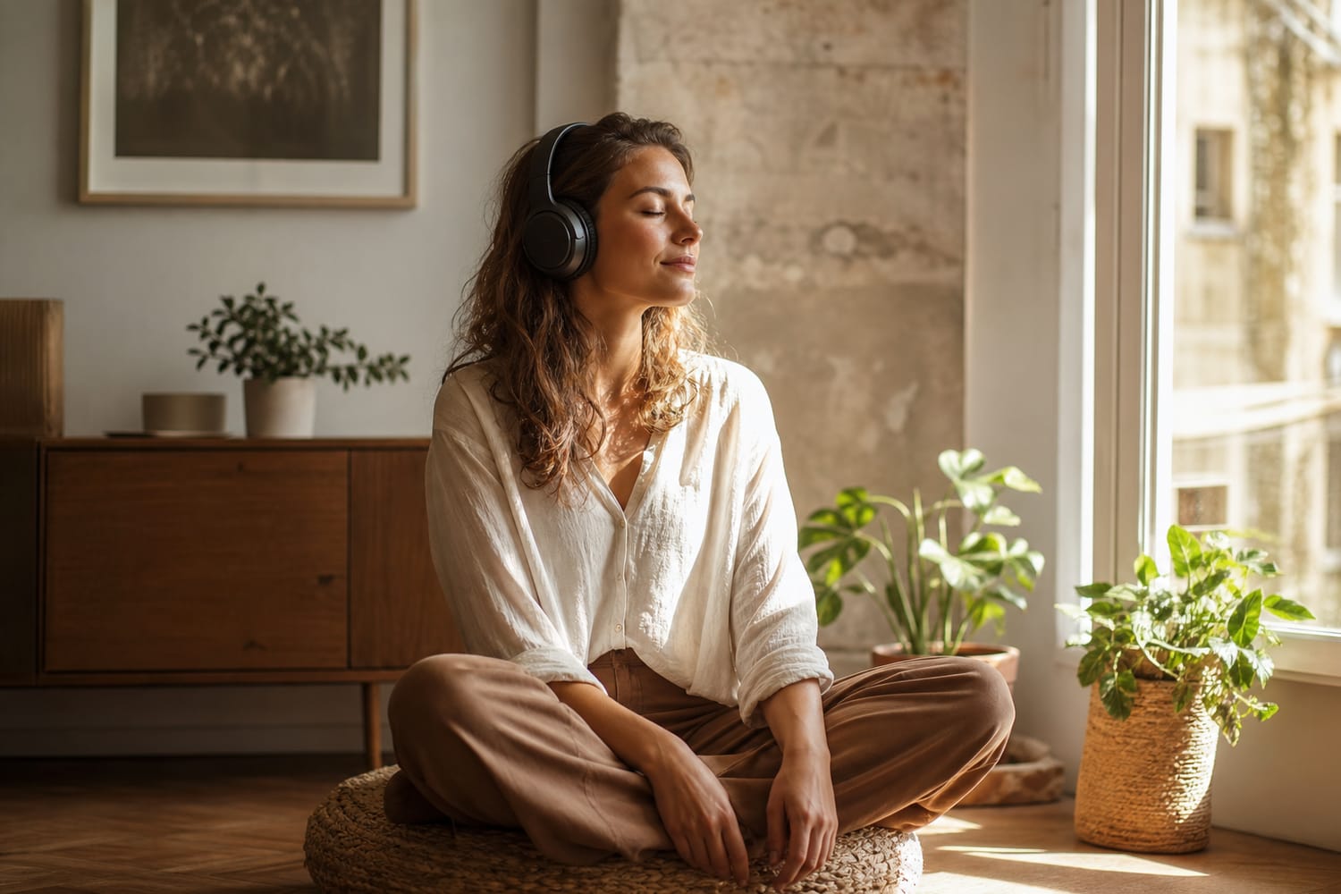 A woman sitting cross-legged on a floor cushion by a sunlit window, wearing over-ear headphones, eyes gently closed and deeply relaxed.