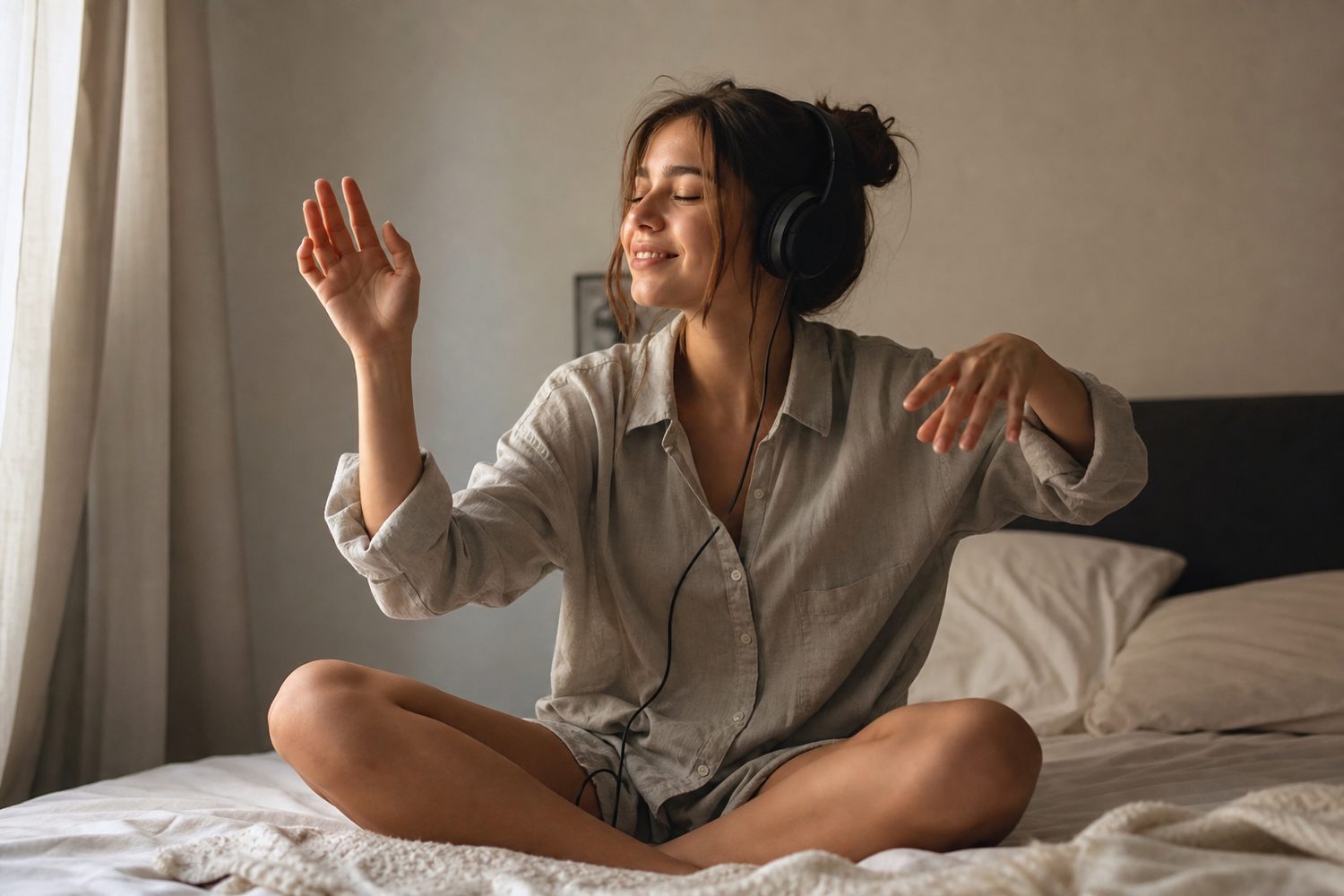 A person sitting cross legged on a bed at home with headphones on, hands moving freely, completely relaxed and unselfconscious, soft natural light.
