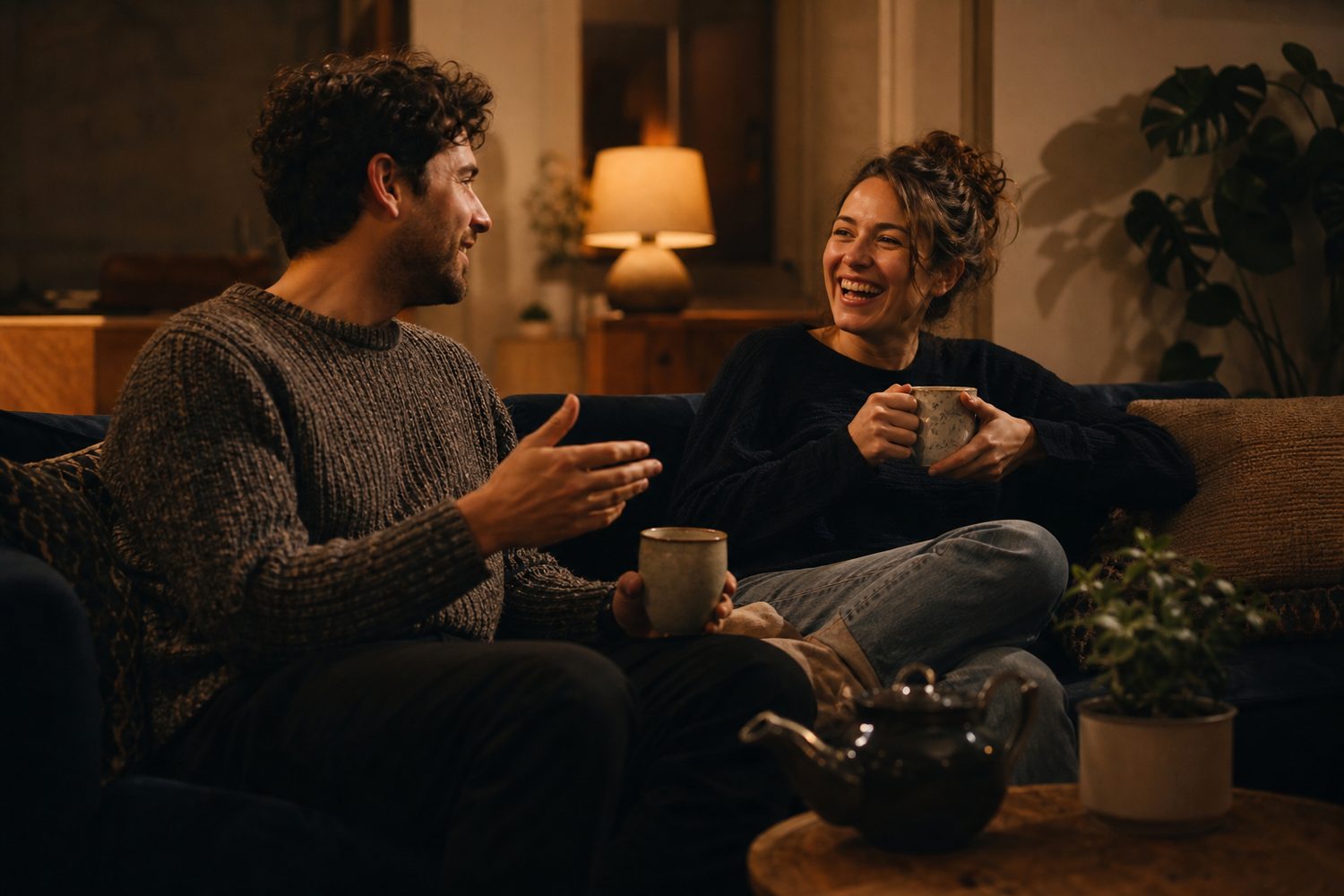 Two friends talking easily on a sofa in warm lamplight, relaxed and unguarded, one mid gesture, genuine and unposed, warm neutral tones.