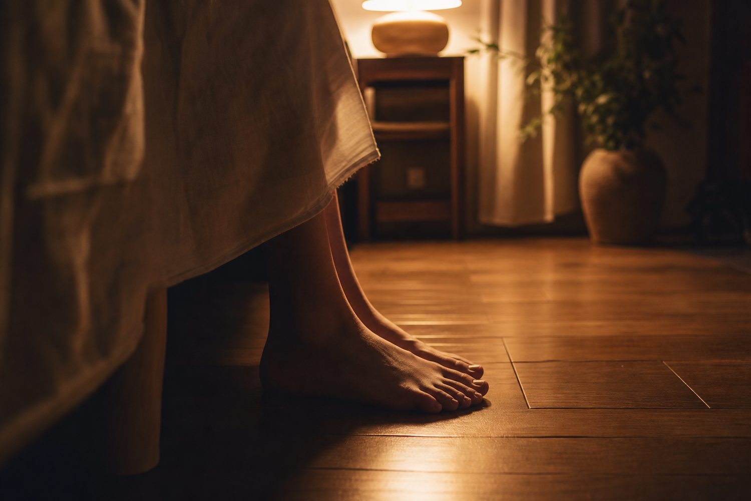 Bare feet on a wooden bedroom floor beside a bed in low warm lamplight, grounded and quiet, the stillness before sleep.
