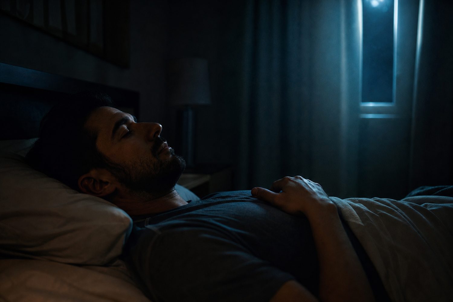 A person lying peacefully in bed in a dark quiet bedroom, one hand resting on their chest, moonlight soft through a gap in the curtains, calm and settled.