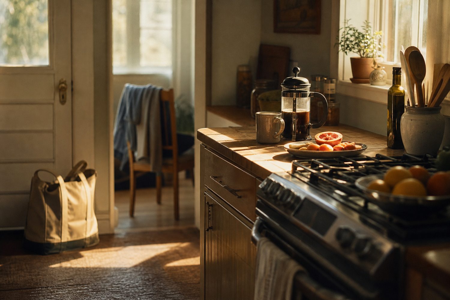 A calm morning kitchen with clothes laid over a chair, a packed bag by the door and sunlight across the counter, an unhurried start to the day.