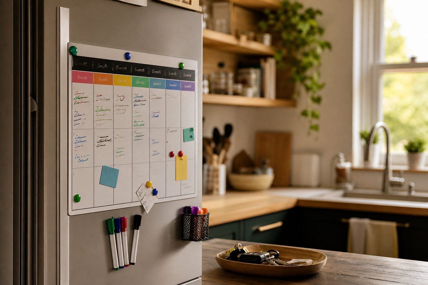 A magnetic weekly planner on a fridge door with colour coded markers, a family kitchen in soft daylight, keys and a small tray beside it.