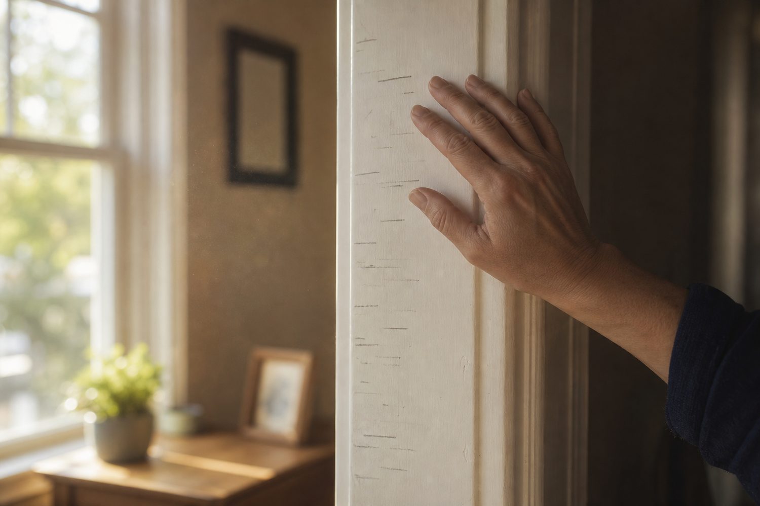 Pencil marks on a door frame tracking a child's height over years, warm domestic light, a quiet symbol of change you only notice looking back.
