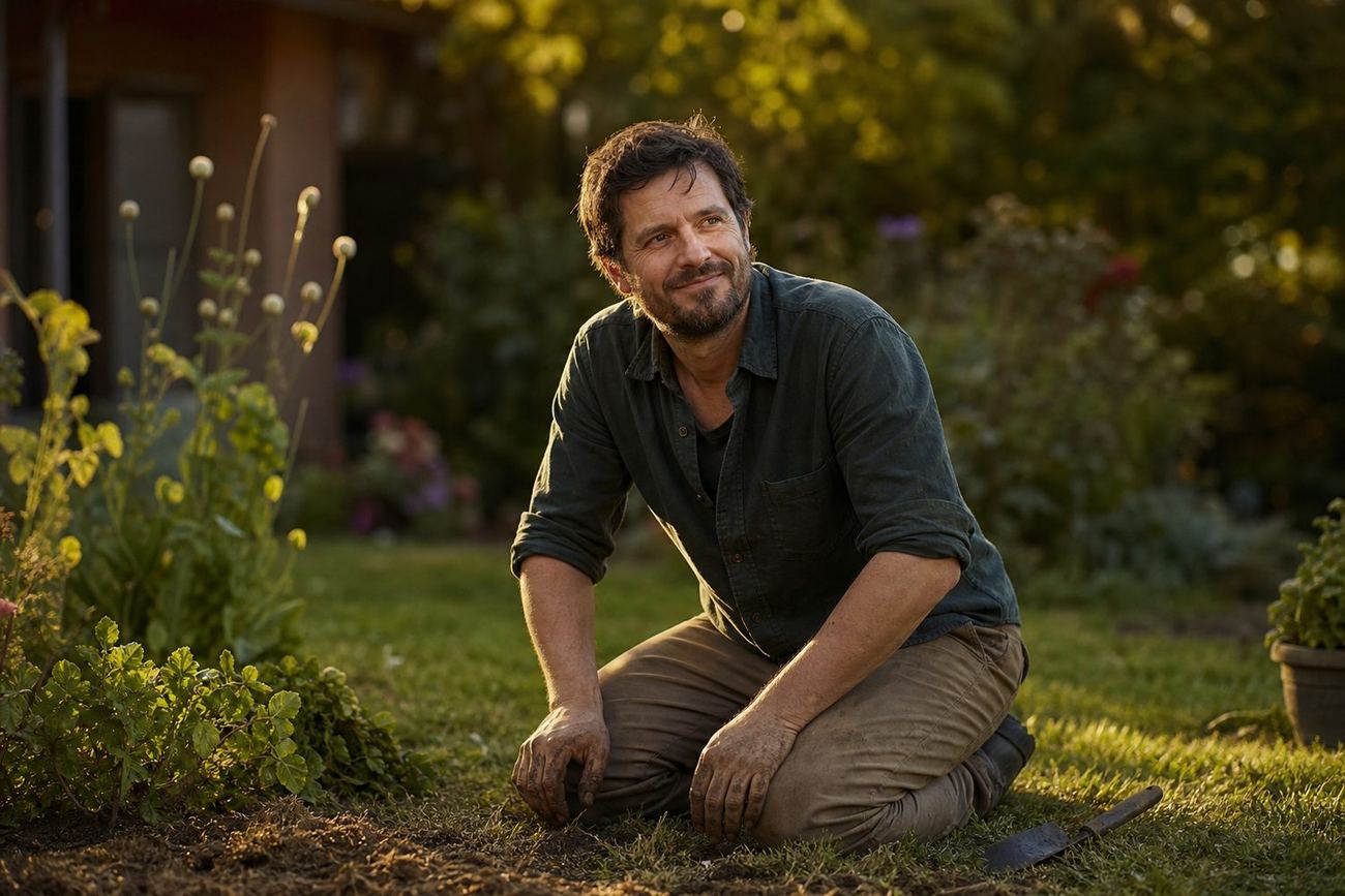 A person pausing in a sunlit garden with muddy hands, taking a restful break from work, calm and unhurried, soft golden light.