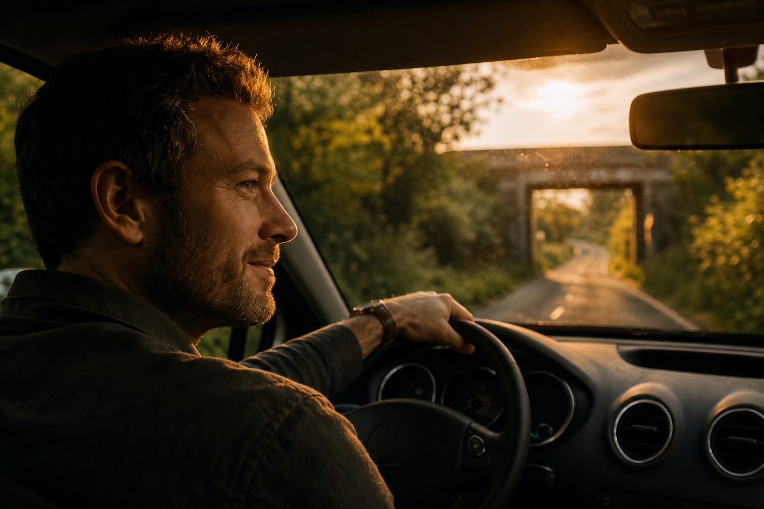 A person driving home at golden hour, calm and unhurried, catching a small moment of quiet perspective through the windscreen, warm evening light.