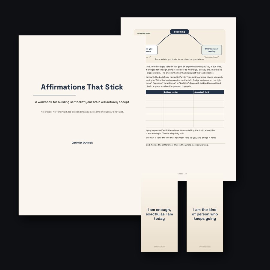 The Affirmations That Stick workbook: the cover, an inside page, and two of the phone lock screens included.