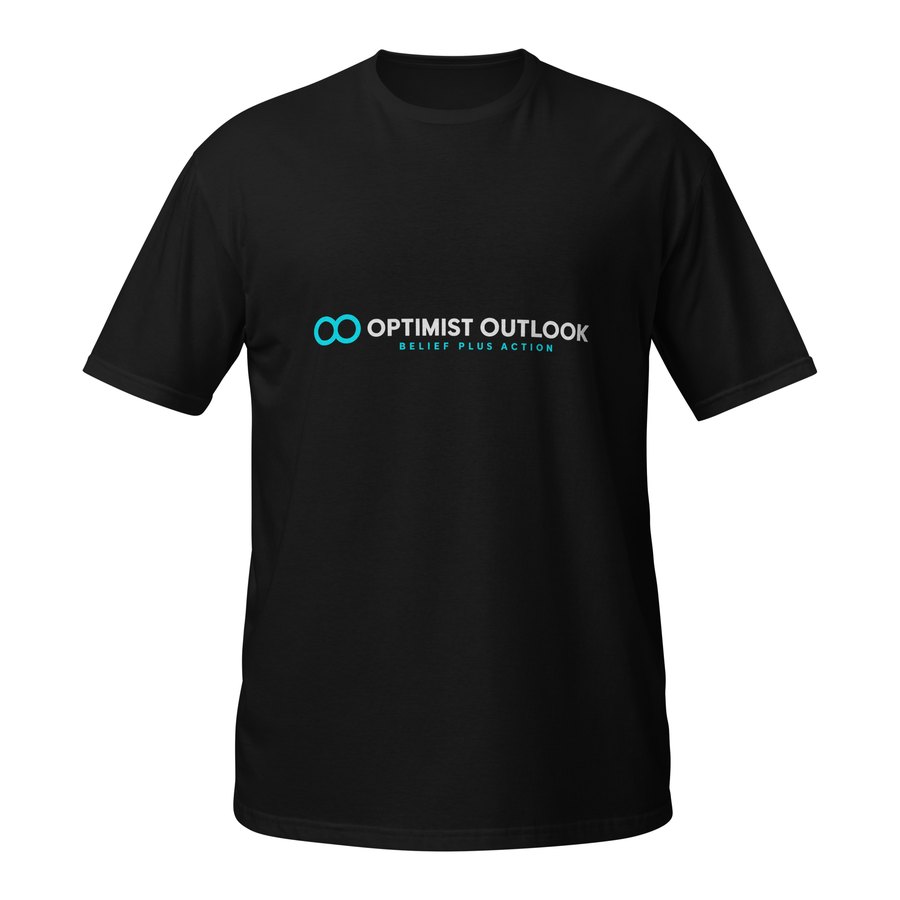 Black t-shirt with the Optimist Outlook logo and the words Belief Plus Action printed small across the chest.