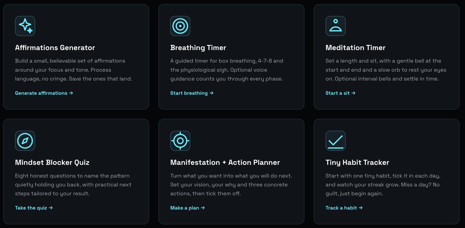 Two of the member tools: the affirmations generator and the mindset blocker quiz.