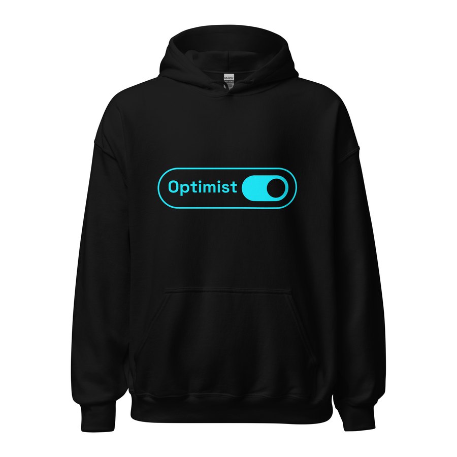 Black hoodie printed with a cyan toggle switch graphic labelled Optimist.