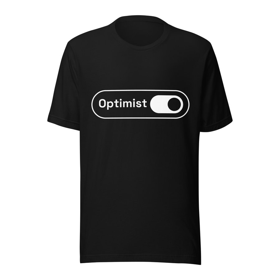 Black t-shirt printed with a toggle switch graphic labelled Optimist, switched on.