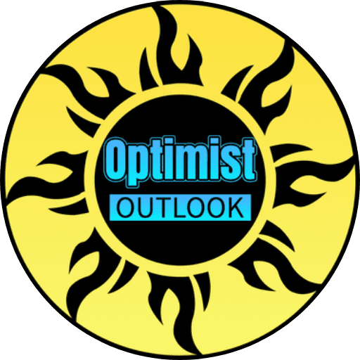 Yellow circle with black flames and inner black circle with light blue writing that reads; Optimist Outlook