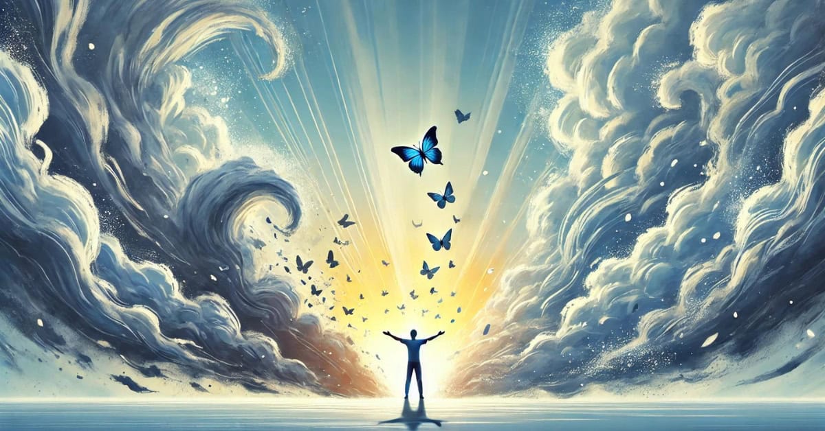 A person standing with arms outstretched, surrounded by butterflies, breaking free from a storm of dark, swirling clouds into a bright, sunlit sky, symbolizing overcoming negative thoughts.