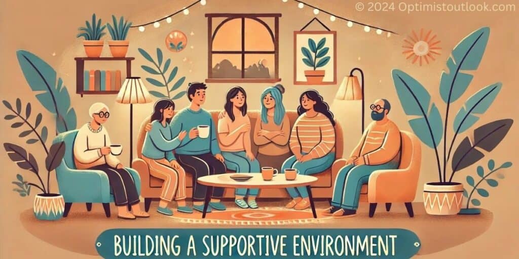 A group of diverse people sitting together in a cozy living room, engaging in conversation and supporting each other, symbolizing the importance of a supportive community in fostering resilience.