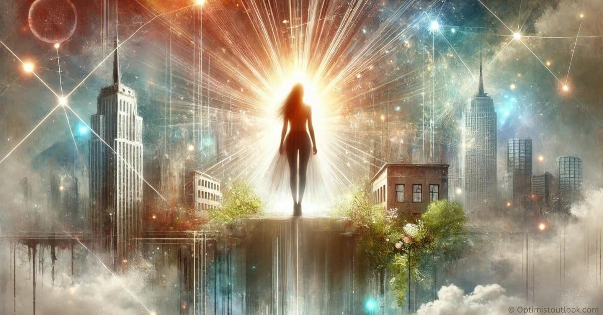 Artistic depiction of a woman standing confidently with a glowing light around her head, representing positive self-talk and inner strength, set against a dreamy urban and natural background.