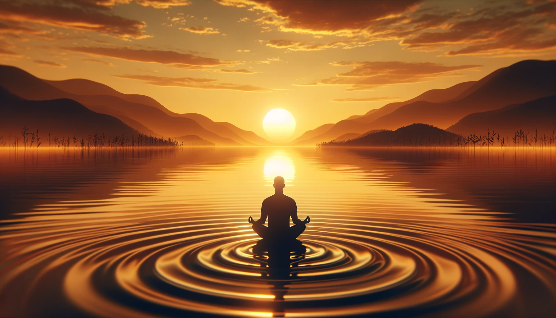 A person meditating by a calm lake at sunset, surrounded by warm, golden light and tranquil water.