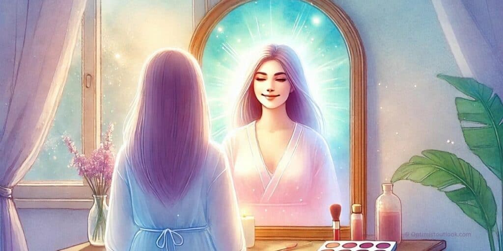 A watercolor painting of a woman standing in front of a mirror, smiling at her reflection, with a serene background of pastel colors and a gentle aura, visually representing 'How to Practice Positive Self Talk'.