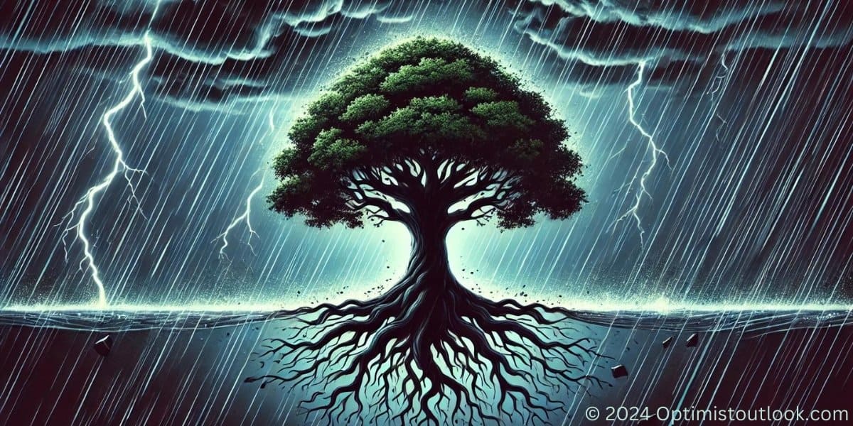 An image showing a strong tree standing firm during a storm, representing developing resilience and strength.
