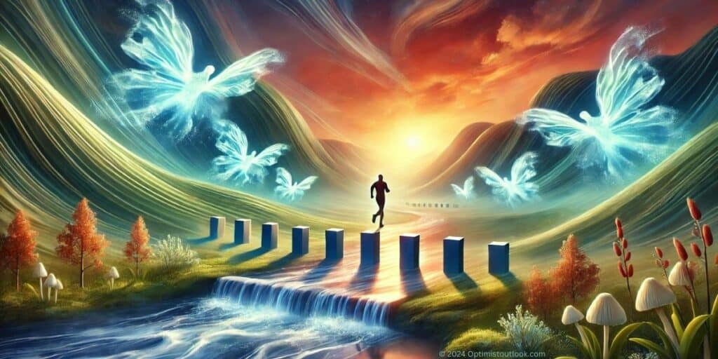 A surreal digital art representation of a person confidently moving forward in a serene landscape, symbolizing the benefits of positive self-talk on self-esteem, anxiety reduction, and overall well-being.