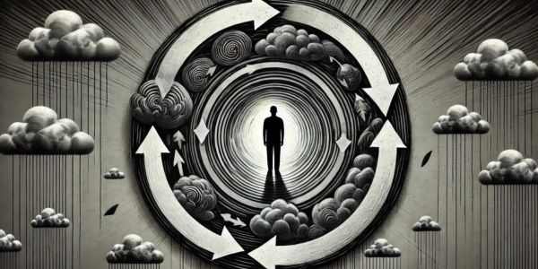 A person stands at the center of a swirling vortex surrounded by dark clouds and arrows forming a circular pattern, symbolizing the cycle of negative thoughts. Bright light breaks through from the center, indicating hope and overcoming negativity.