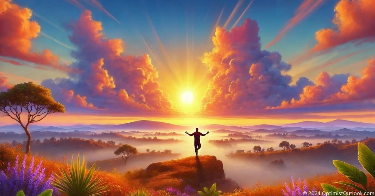 A person meditating on a hilltop during a vibrant sunrise, overlooking a peaceful landscape with colorful flowers and distant mountains symbolizing the power of a positive mindset.
