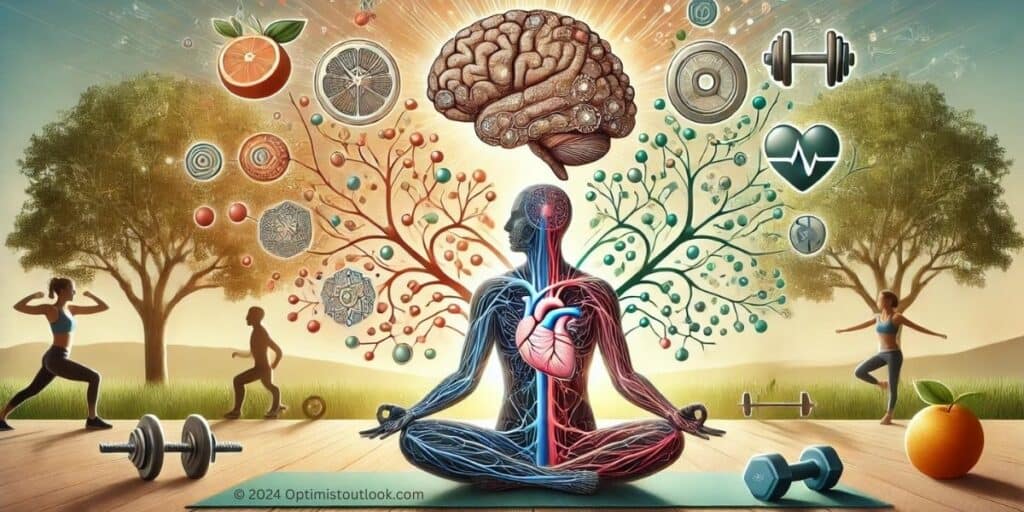An artistic illustration of a person in a yoga pose with intricate patterns connecting the brain and heart, surrounded by icons of physical health such as running shoes, a dumbbell, a bicycle, and healthy food items, set in a tranquil natural background.