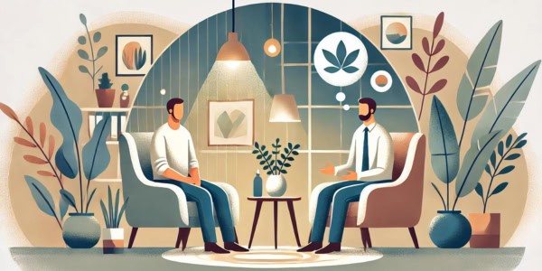 Illustration of a therapeutic counseling session with two people sitting in comfortable chairs, surrounded by plants and a calm, welcoming environment.