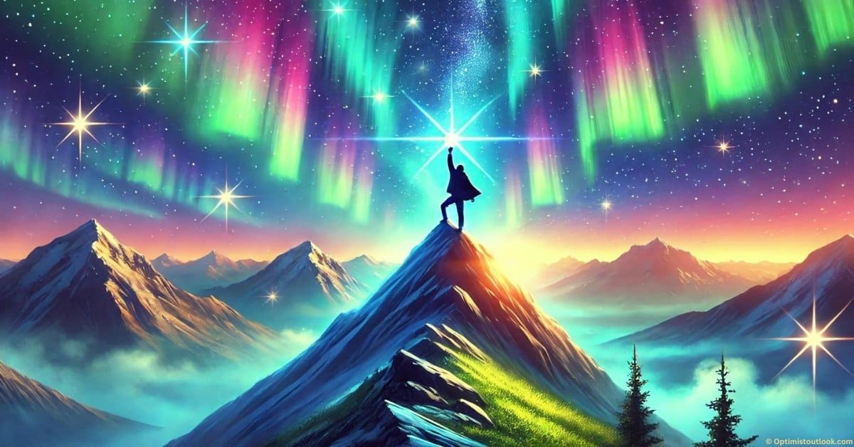 A vibrant digital painting of a person standing triumphantly on top of a mountain under a glowing sky filled with northern lights and sparkling stars, representing optimistic goal setting.