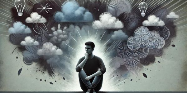 A person sits alone with a thoughtful expression, surrounded by dark, swirling clouds and abstract shapes representing negative thoughts. Bright light bulbs and stars symbolize overcoming negative thoughts with emerging ideas and hope.