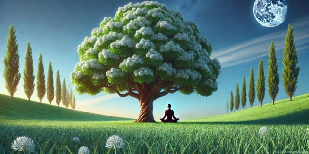 A serene landscape with a clear blue sky, lush green fields, and a person meditating under a large, blooming tree, illustrating the profound impact of a positive mindset.