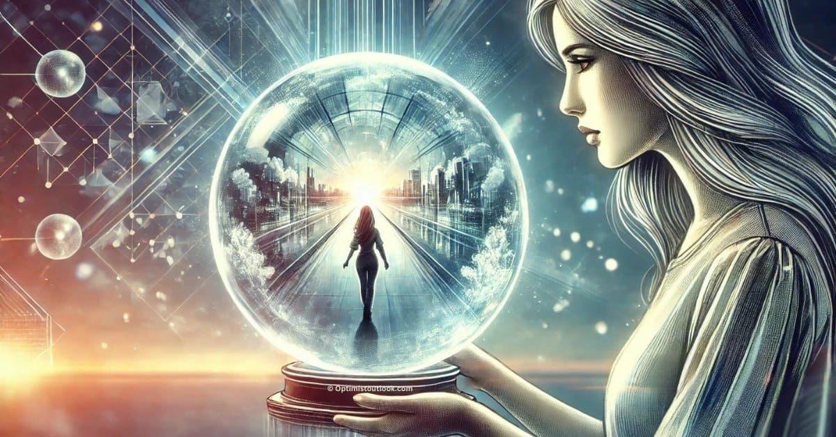 Illustrated woman looking into a crystal ball, visualizing an idealized future scenario using advanced visualization techniques with mystical and futuristic lighting.