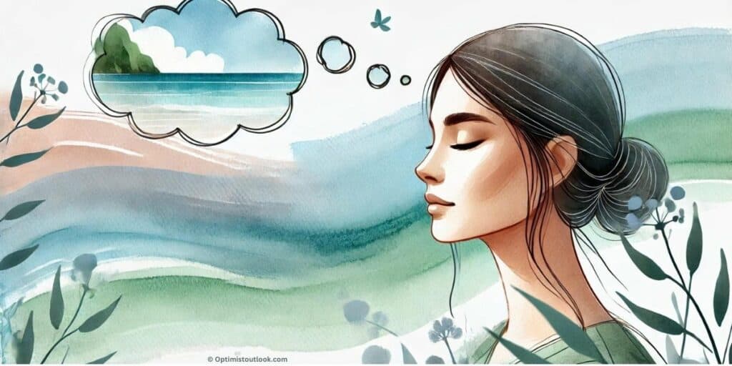 A digital art illustration in watercolor style featuring a woman with closed eyes, emphasizing her focused expression. The background is abstract with soft washes of blues and greens, and above her head is a thinking cloud visualizing a serene seaside view. This artwork represents visualization techniques.