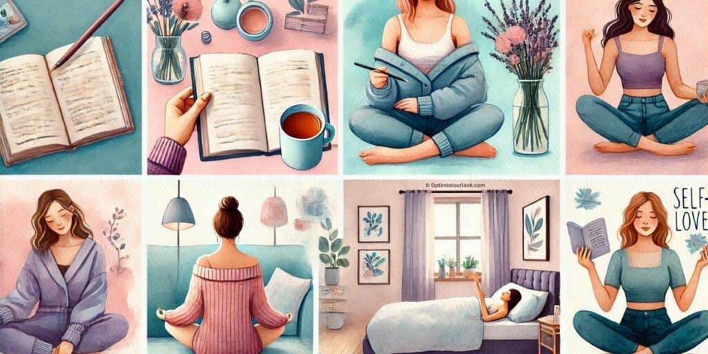 Collage of small, everyday self-love activities like journaling, enjoying tea, taking a bath, practicing yoga, and reading a book.
