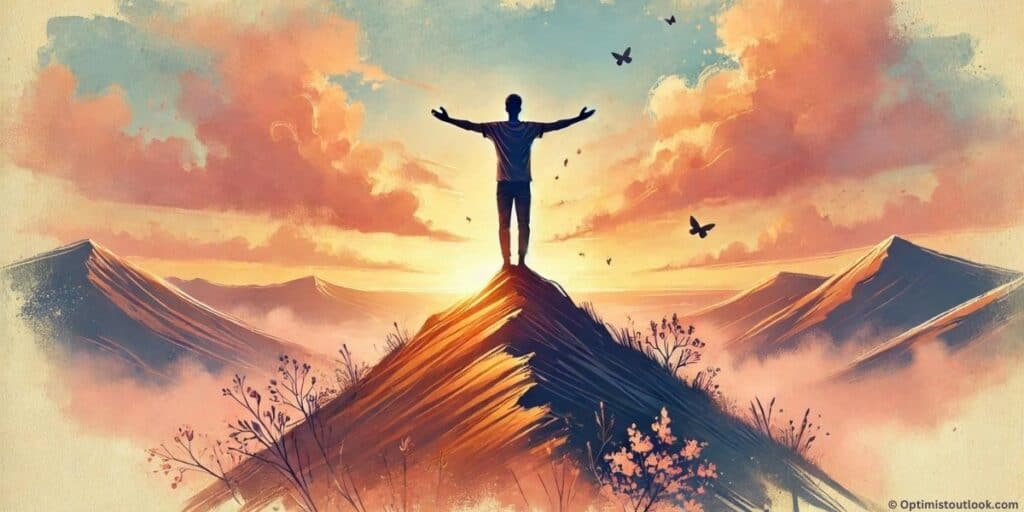 Person with arms spread wide, standing on a hilltop or mountain peak symbolizing the importance of self worth.