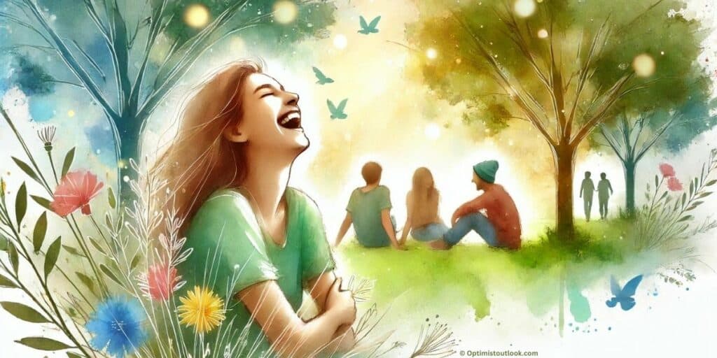 Person laughing with friends in a park or enjoying a moment of solitude in nature.