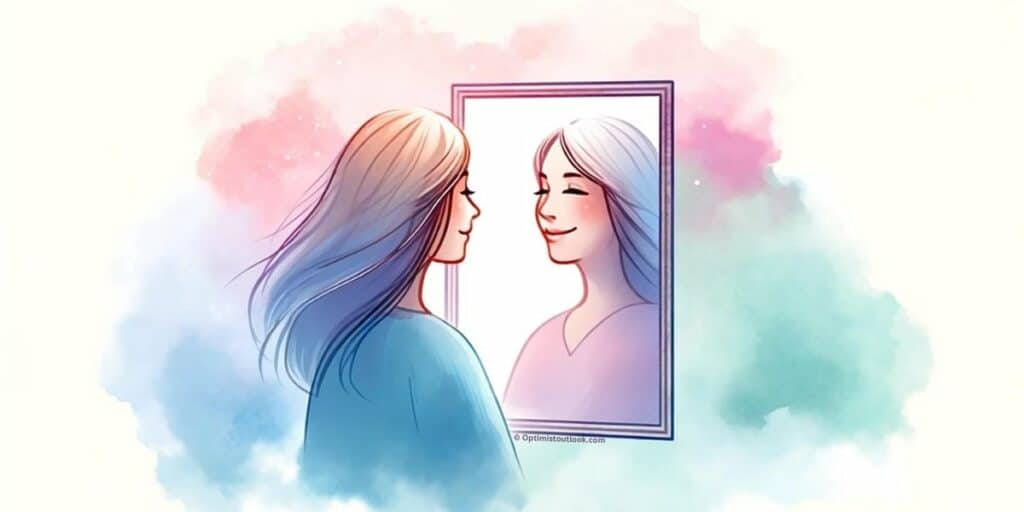 Person looking at themselves in a mirror with a gentle, kind smile.