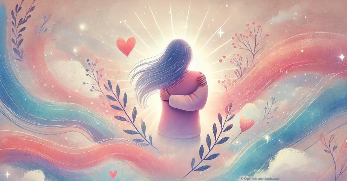 Digital art of a person embracing themselves with a gentle smile, surrounded by soft pastel colors symbolizing self love.